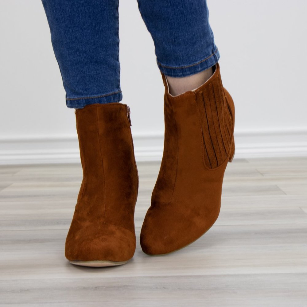 Vegan Suede Tan Bock Heel Ankle Bootie - Picture 4 of 8